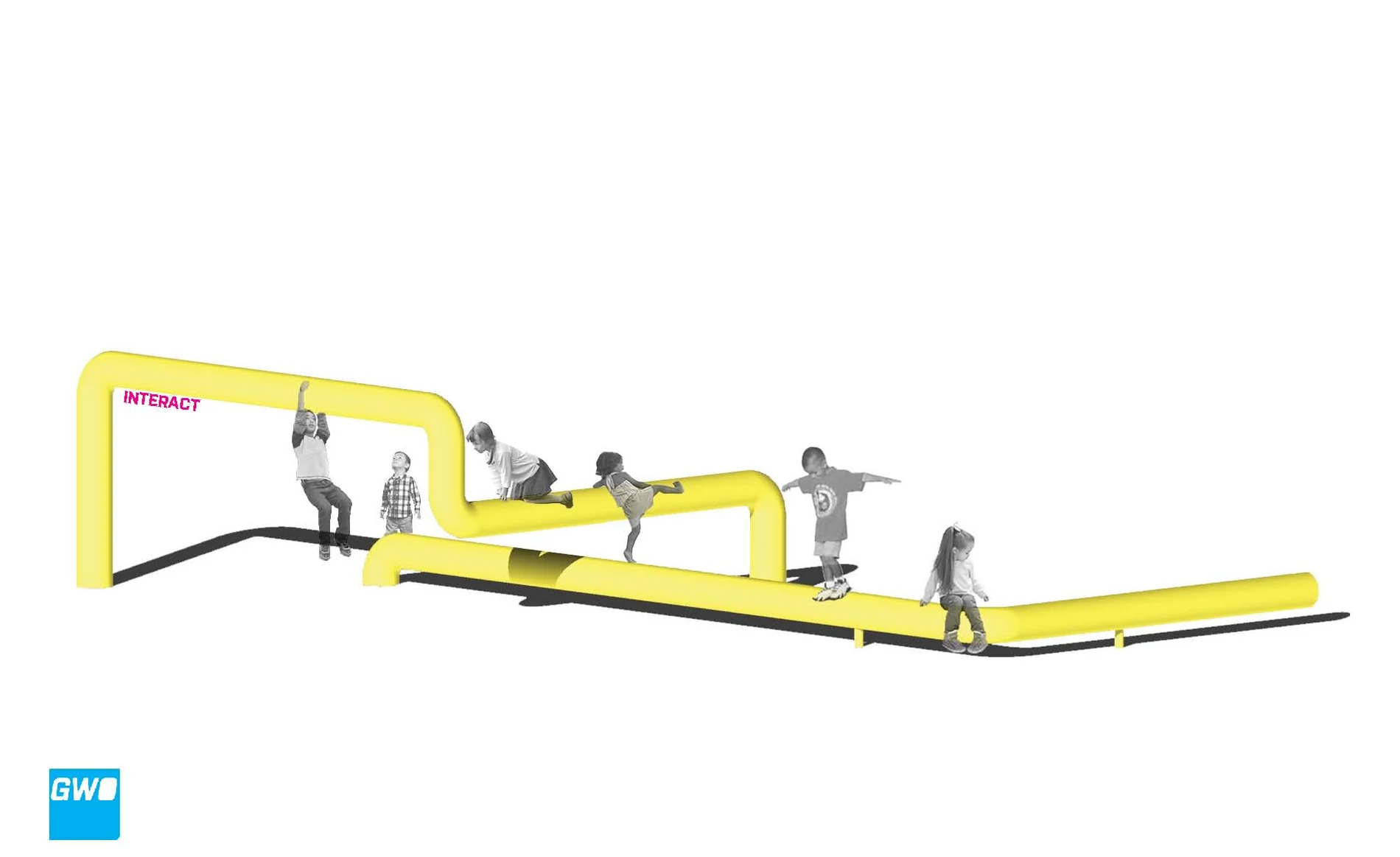 Groundworks Office concept rendering showing people interacting with the low sculptural pipe elements