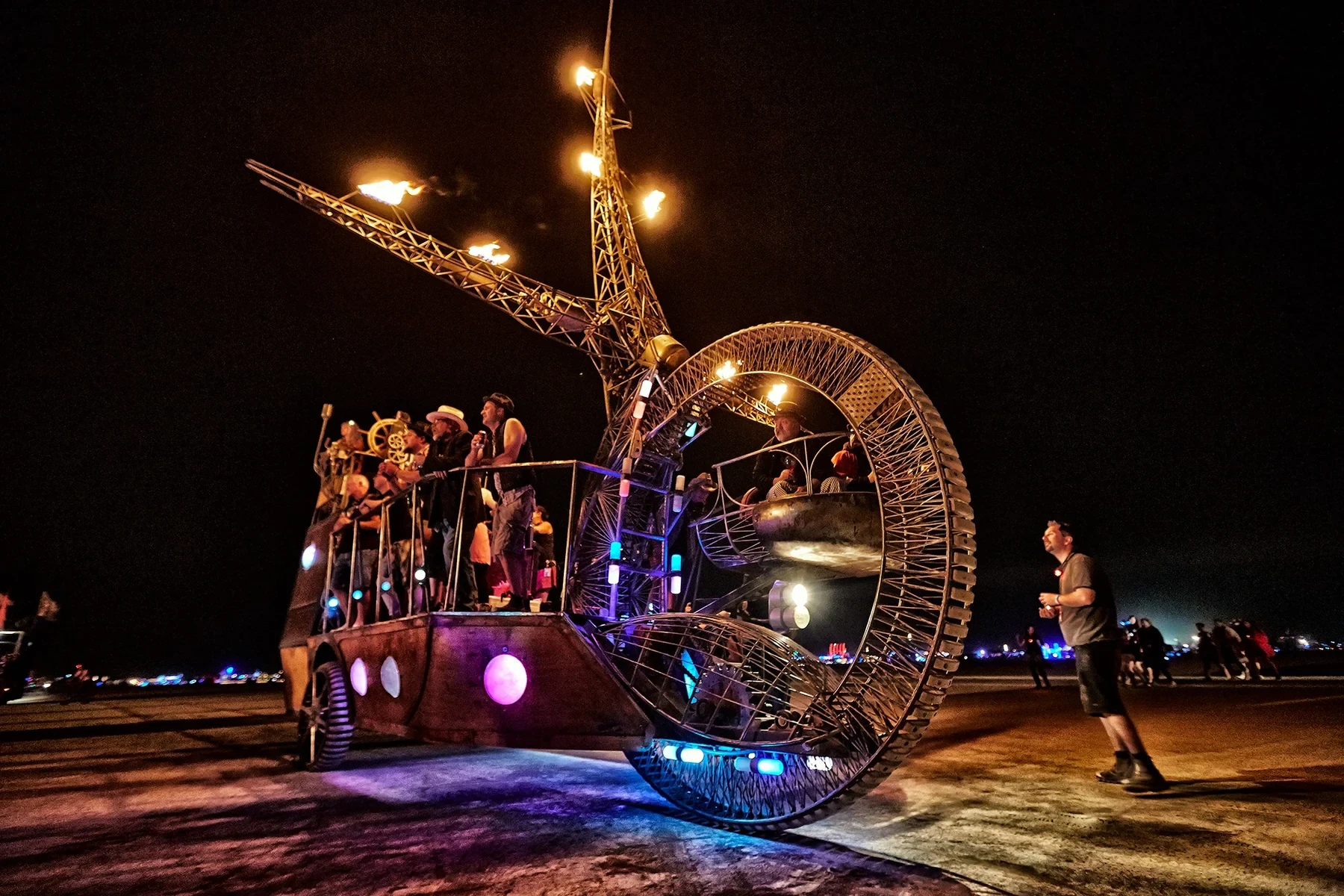 The Clock Ship Teresita illuminated at night
