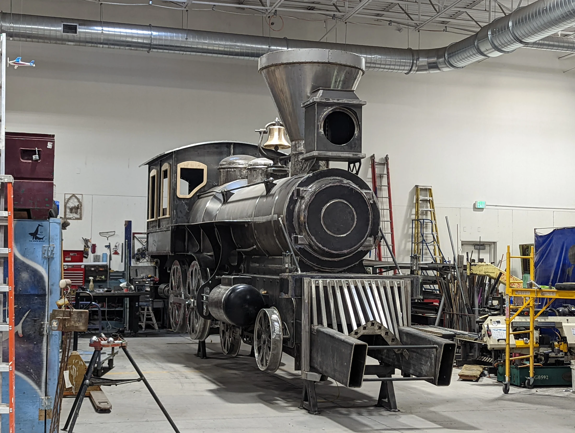 Detail view of the completed Lawn Dart locomotive sculpture