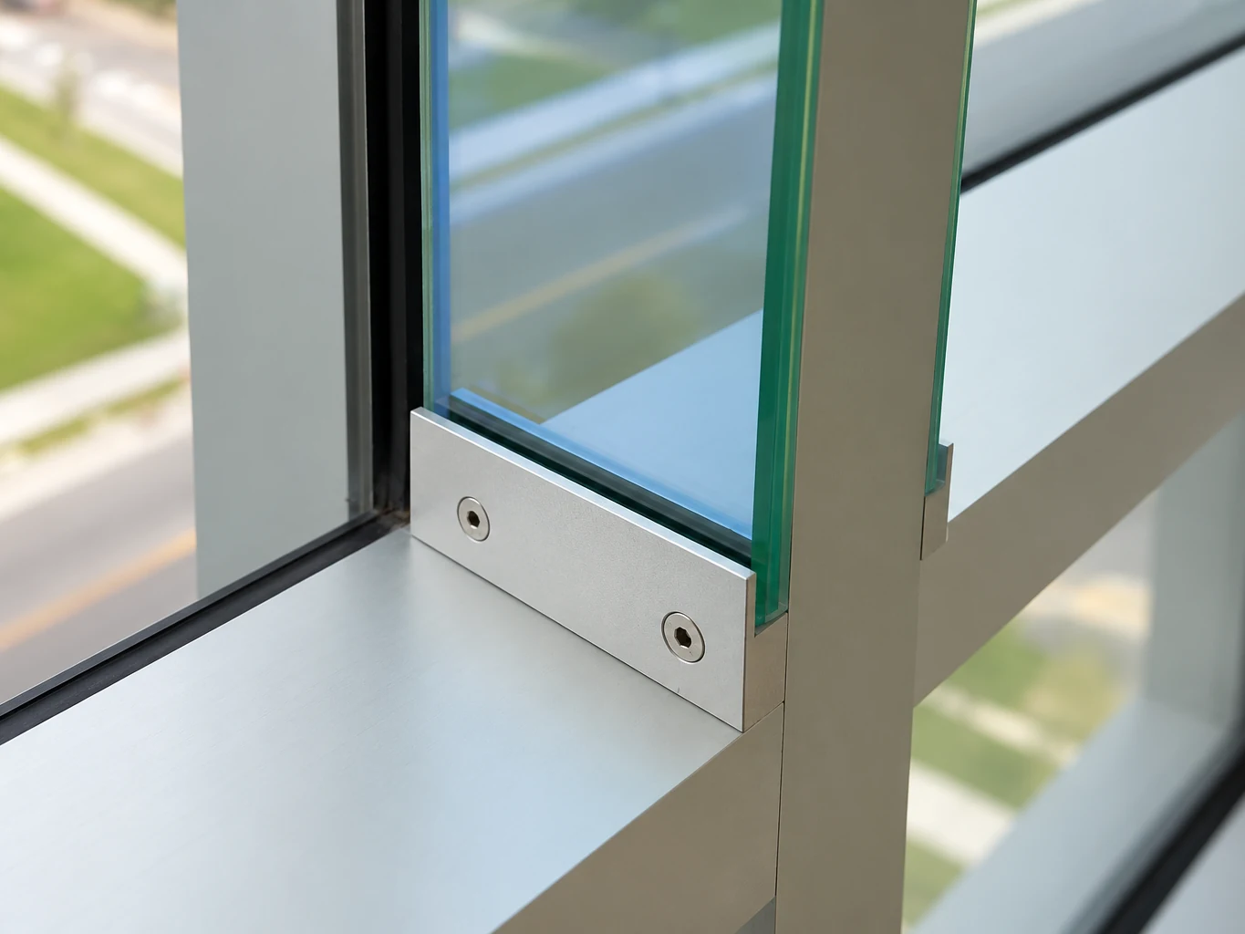 Close view of the aluminum bracket securing a dichroic glass element to the courthouse facade